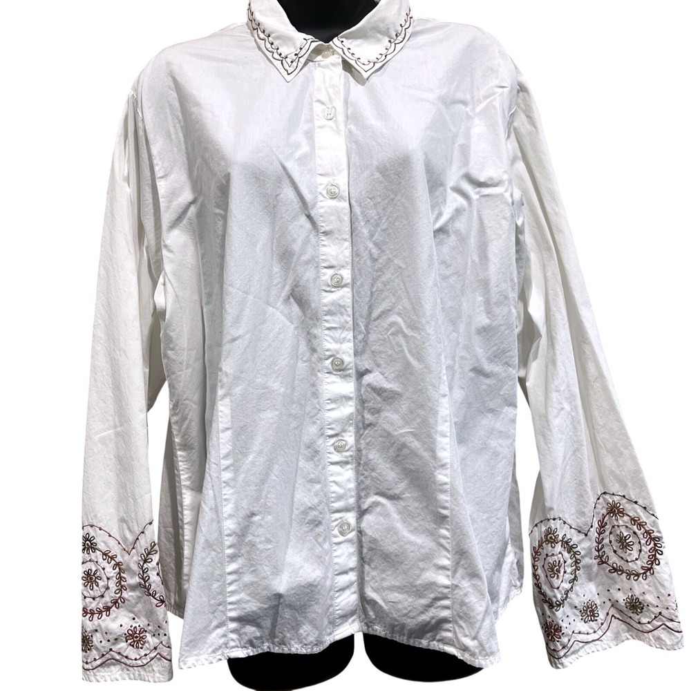White Stag Womens 100%‎ Cotton Button Down Shirt Embroidered Bell Sleeve XL Boho